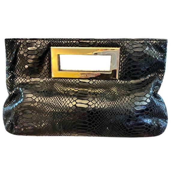 Michael kors snakeskin print black patent leather clutch handbag gold hardware. - Picture 1 of 6